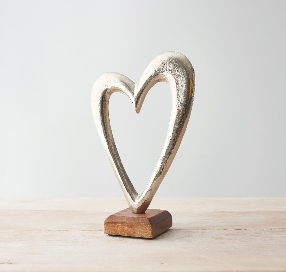 Silver Heart On Wooden Base - Large