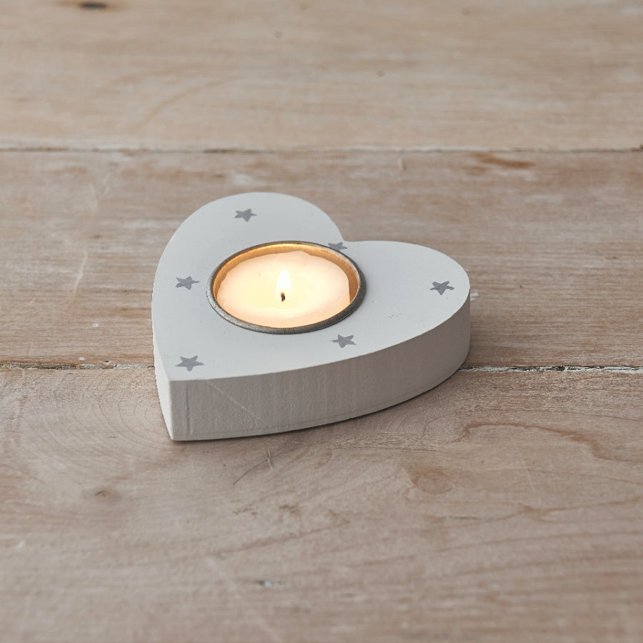 White Wood Heart Tea Light Holder