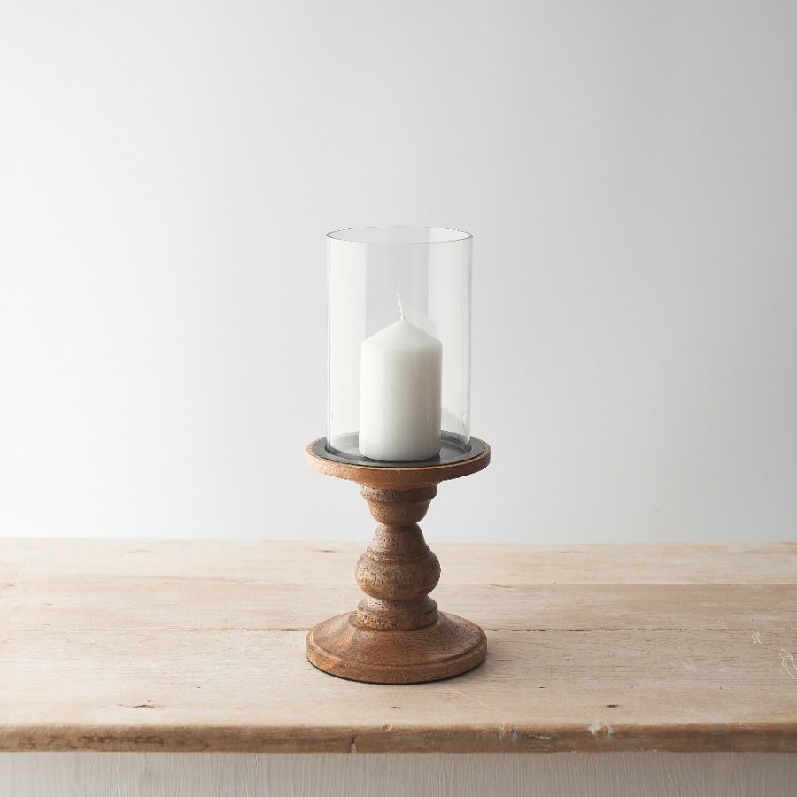 Glass and Wood Pillar Candle Holder - 30cm