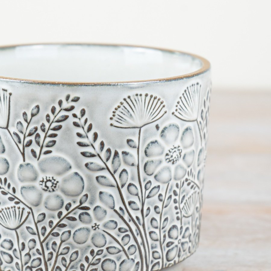 Embossed Cermic Flower Plant Pot - 14cm