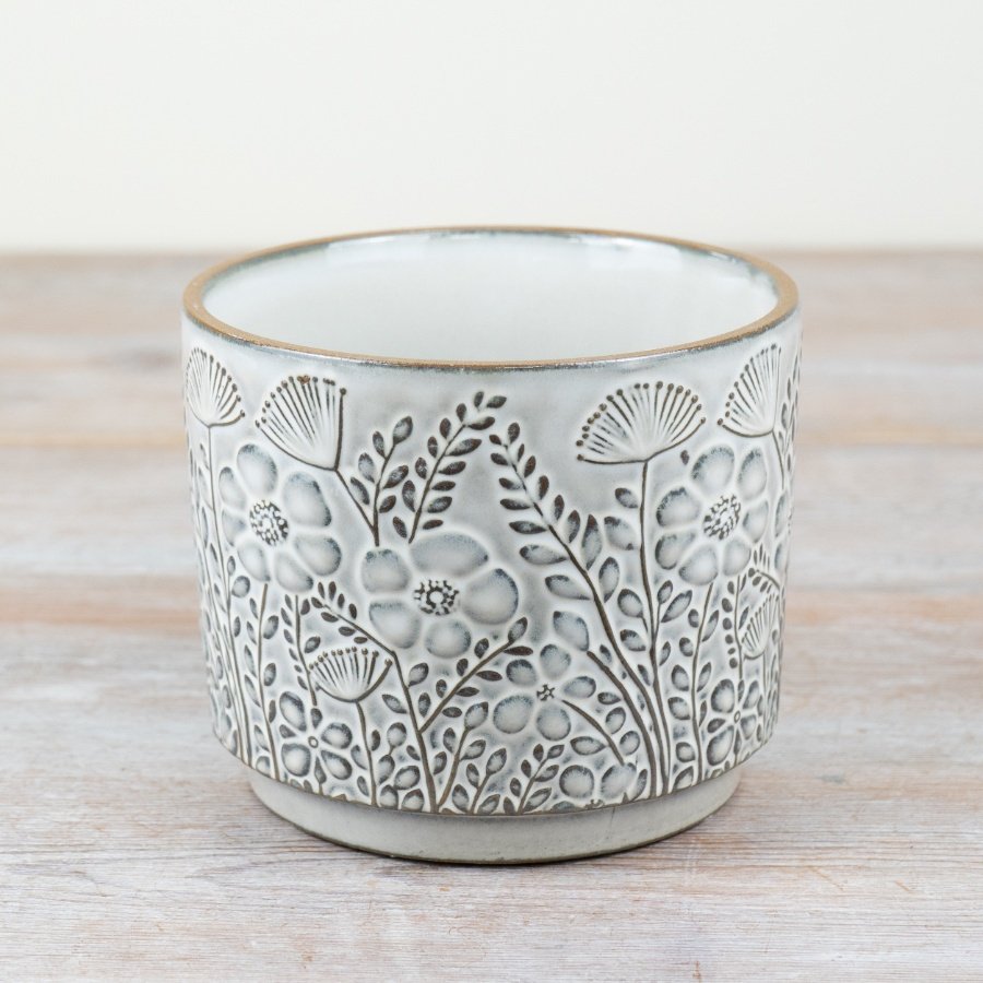 Embossed Cermic Flower Plant Pot - 14cm