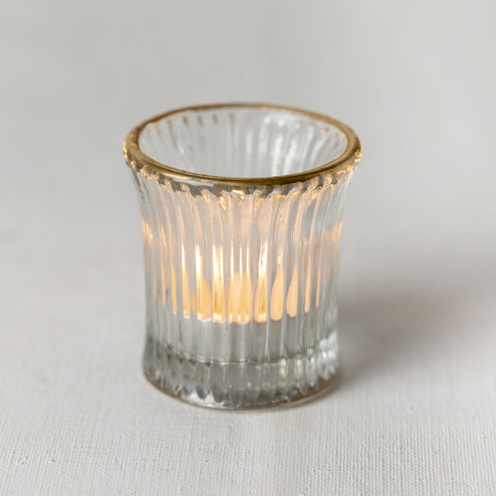 Ribbed Glass Tea-Light with Gold Rim