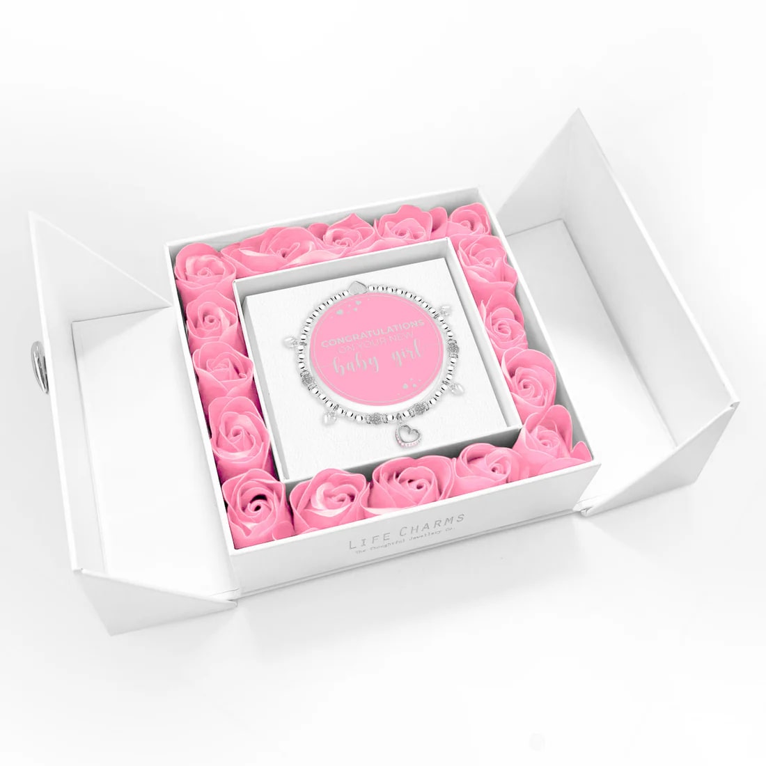 Life Charms - Baby Girl - Sparkling Heart Charm Bracelet In Flower Box