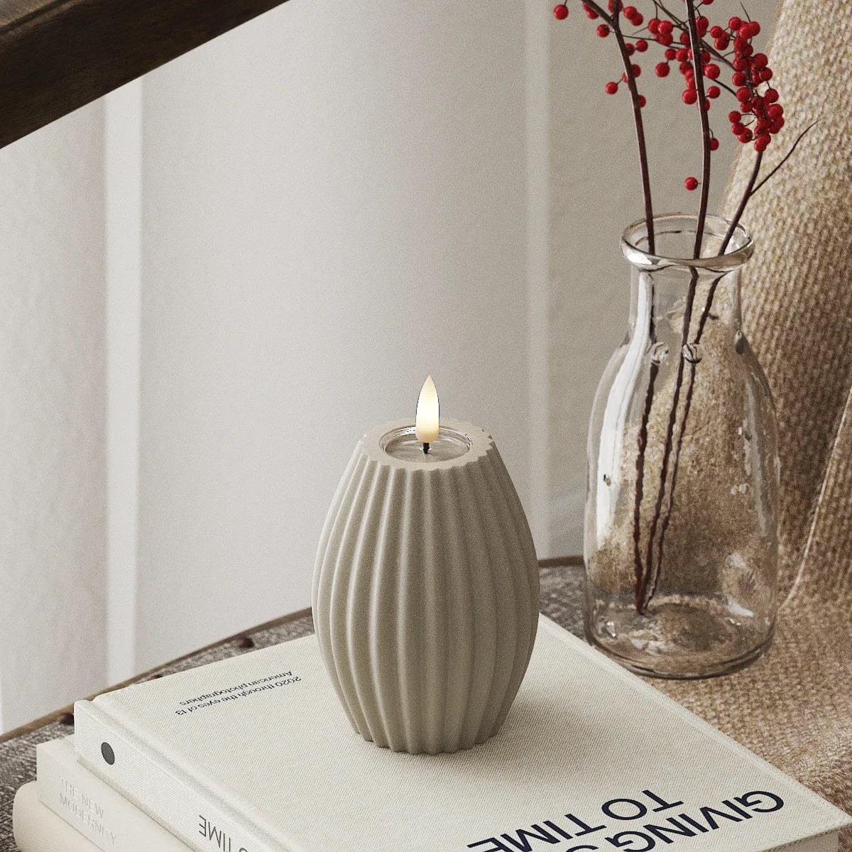 Deluxe Homeart - Real Wax Ribbed LED Flickering Candle - Sand