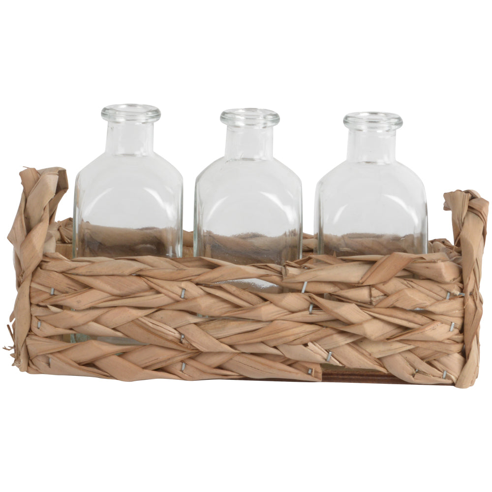 Straw Basket with 3 Glass Bottles
