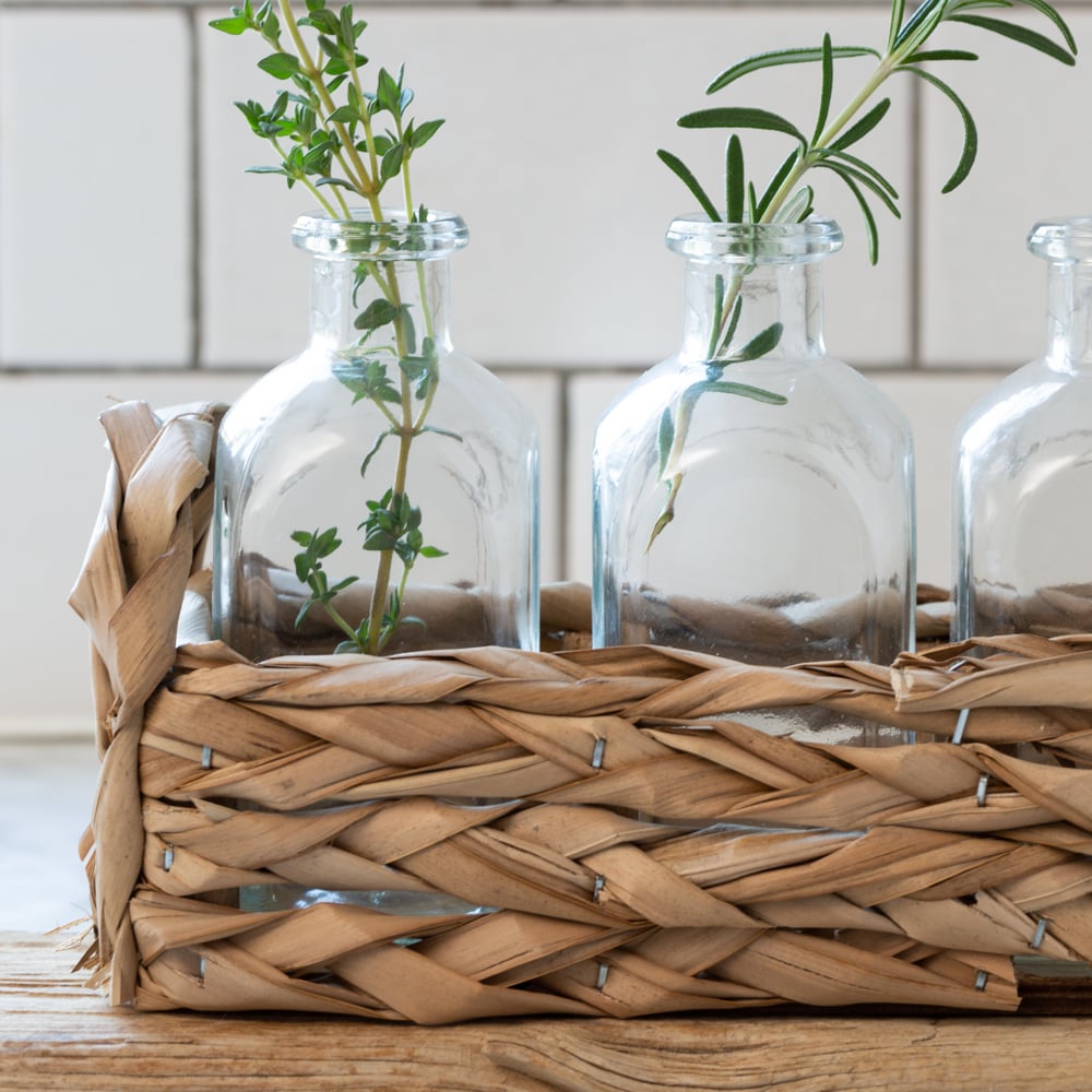 Straw Basket with 3 Glass Bottles