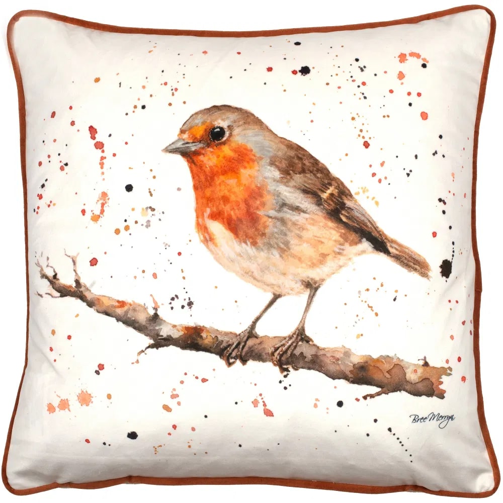 'Bobby' the Robin Printed Velvet Cushion