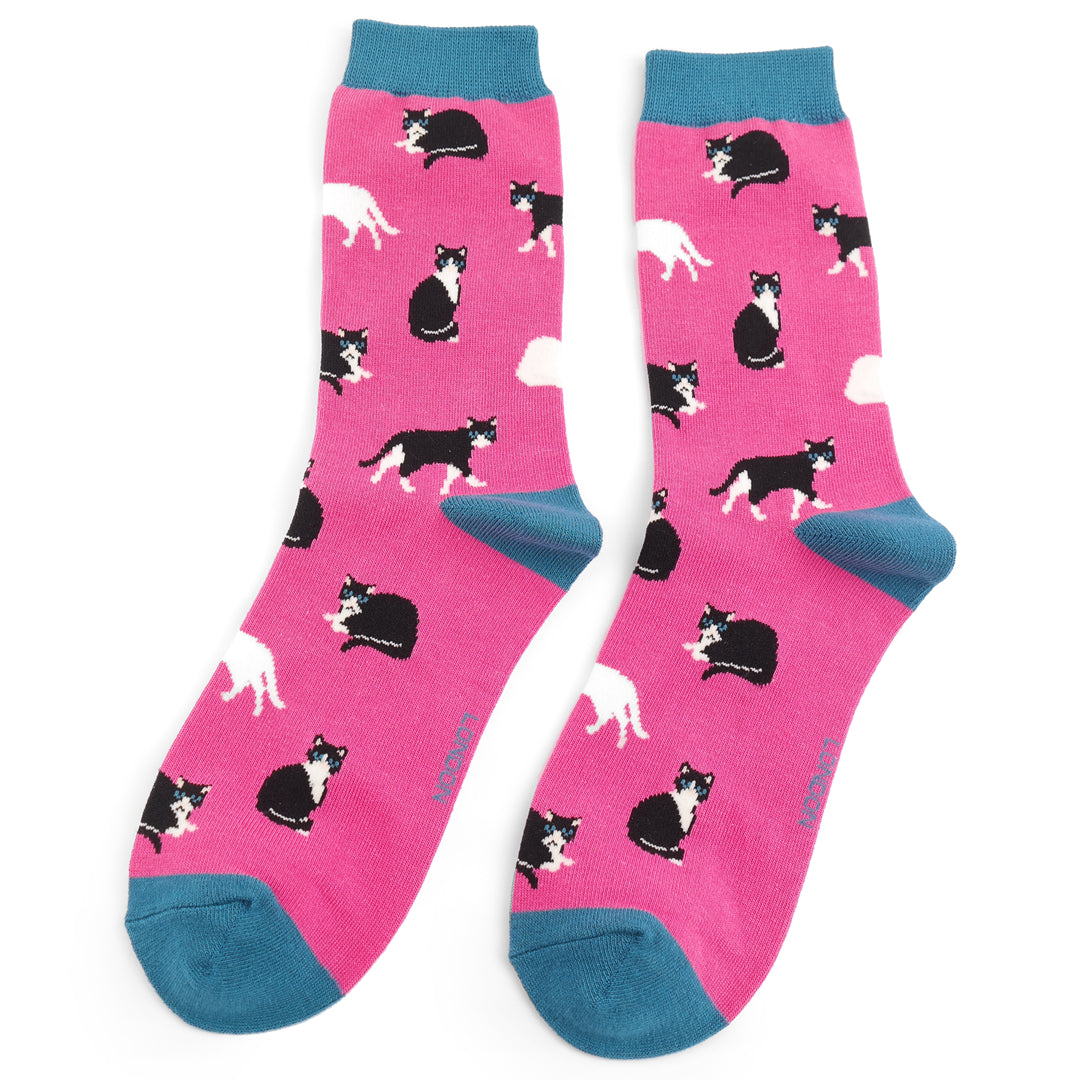 Miss Sparrow - Black & White Cats Socks - Fuchsia