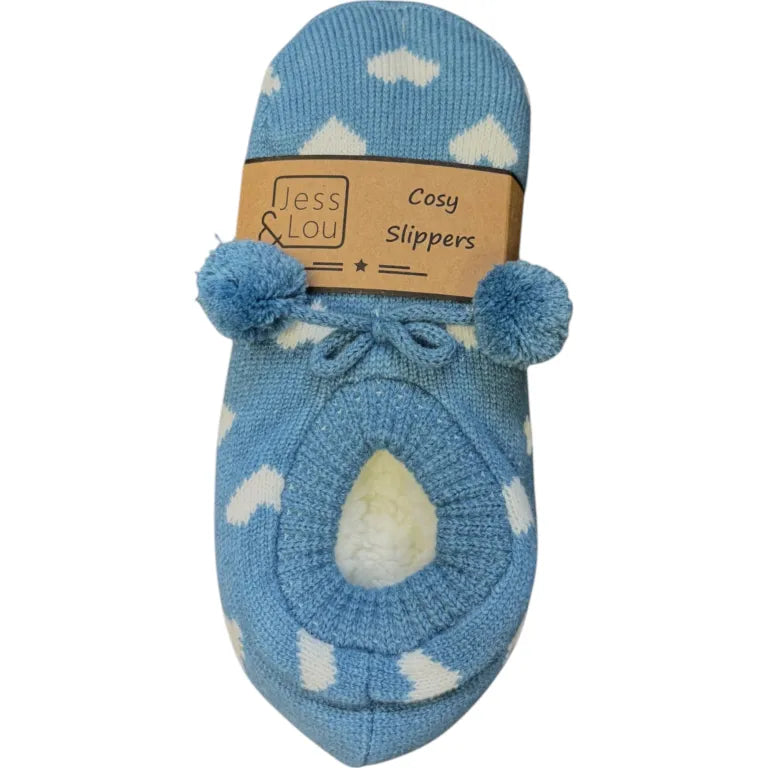 Jess & Lou - Cornflower & White Heart Cosy Slippers