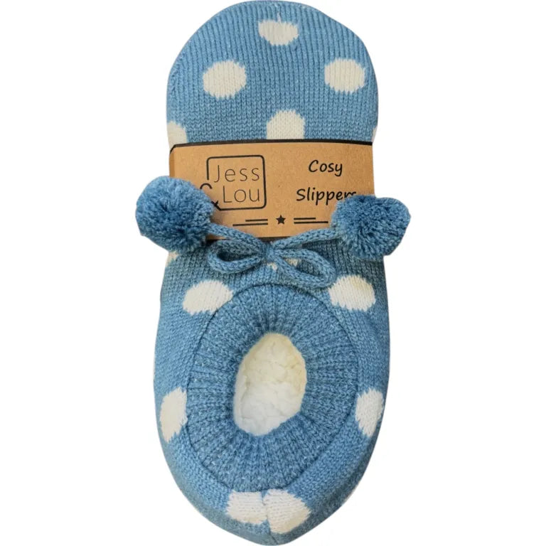 Jess & Lou - Cornflower & White Spot Cosy Slippers