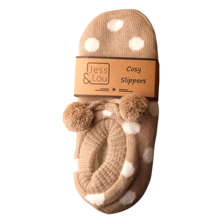 Jess & Lou - Taupe & White Spot Cosy Slippers