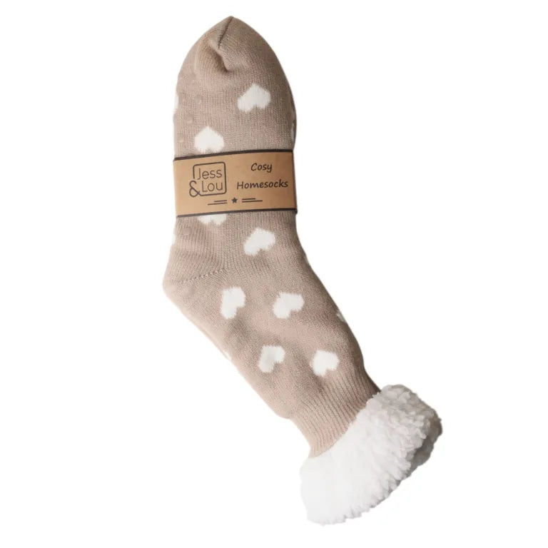 Jess & Lou - Taupe & White Heart Fleece Lined Slipper Socks