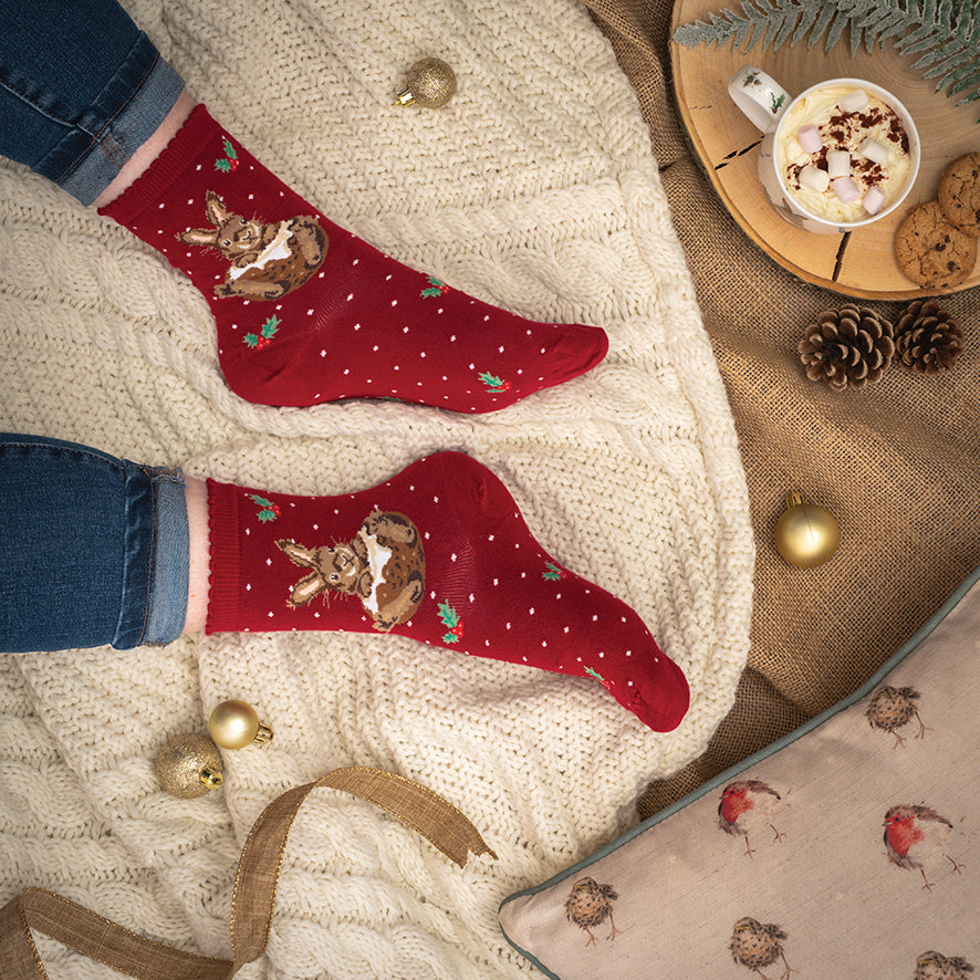 Wrendale Designs - 'Little Pudding' Rabbit Christmas Socks - Red