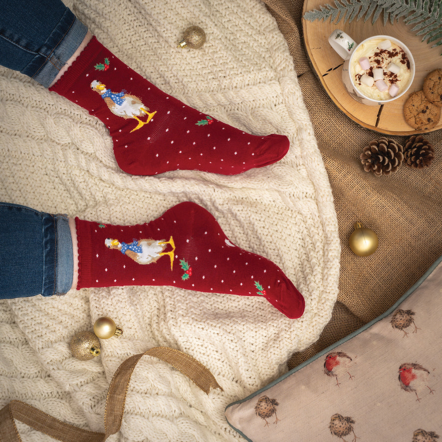 Wrendale Designs - 'Christmas Scarves' Duck Socks - Red