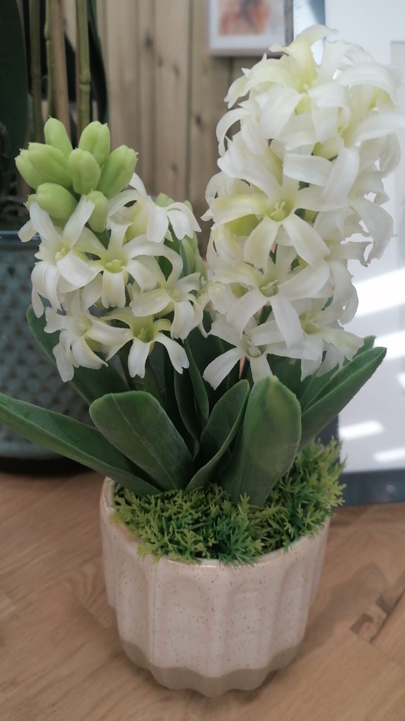 Faux Potted Plant - White Spring Hydrangea in Ceramic Pot