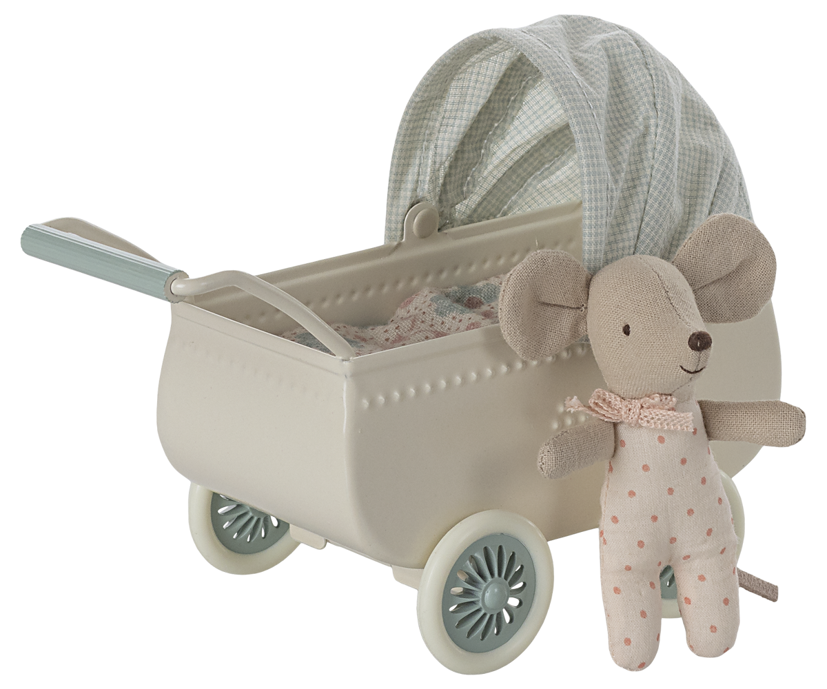 Maileg - Pram with Baby Mouse - Mint