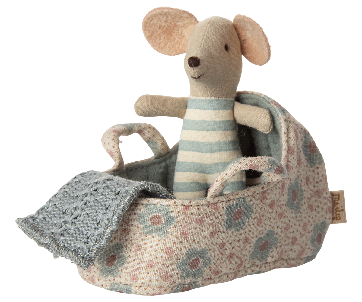 Maileg - Carry Cot, Baby Mouse - Blue