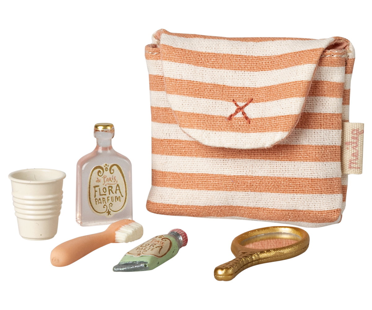 Maileg - Toothbrush set in bag Mouse - Coral Stripe