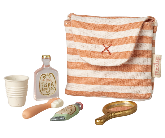 Maileg - Toothbrush set in bag Mouse - Coral Stripe