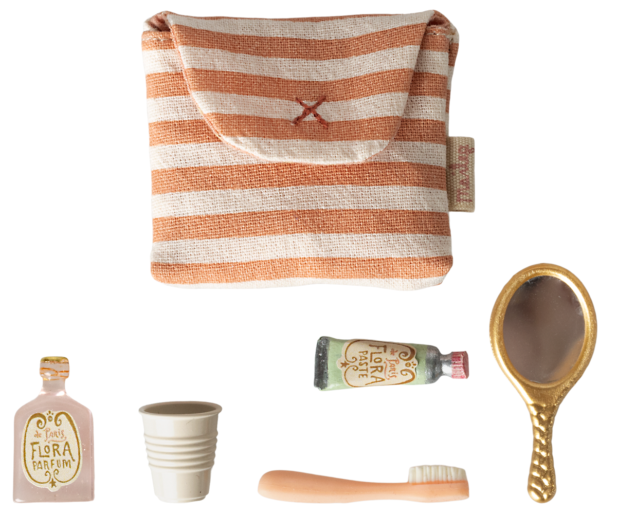 Maileg - Toothbrush set in bag Mouse - Coral Stripe
