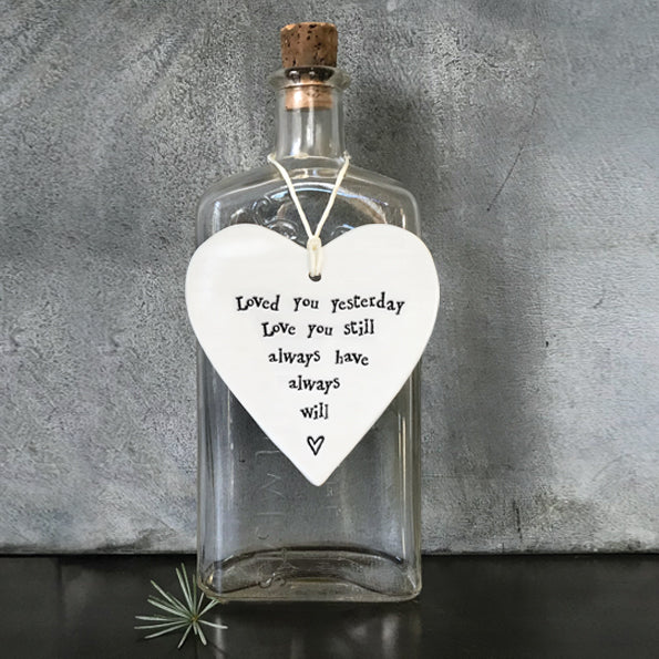 East of India - White Porcelain Hanging Heart 'Love You Yesterday@