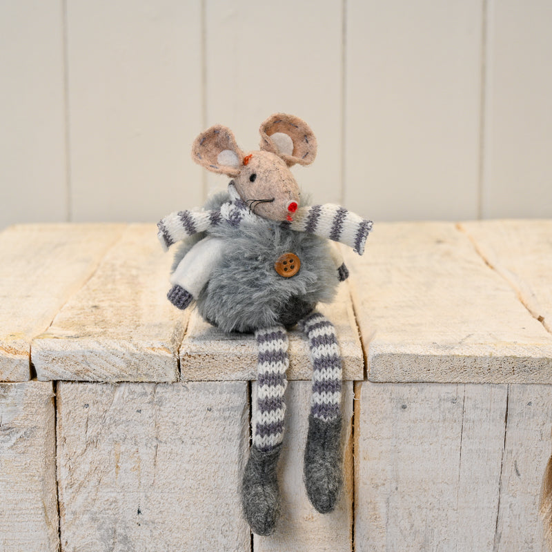 Fabric Grey Stripey Girl Mouse with Furry Gilet