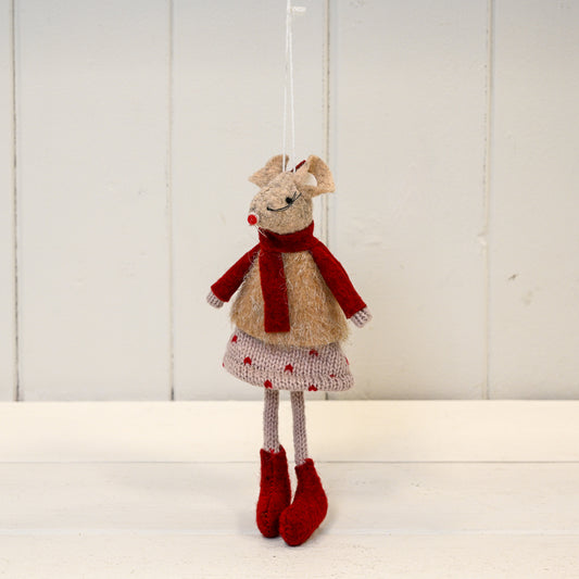 Red and Beige Winter Mouse with Polka Dot Skirt Hanging Decoration