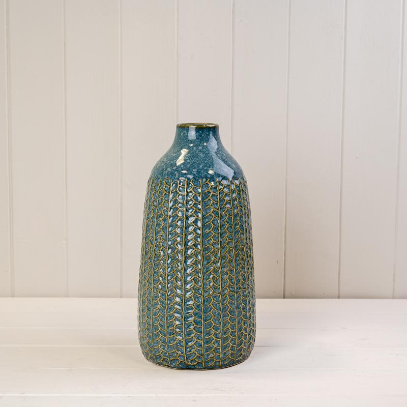 Blue Ceramic Textured Bottle Vase - Small