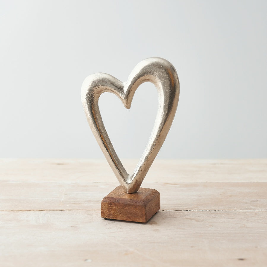 Silver Heart On Wooden Base - 10 cm