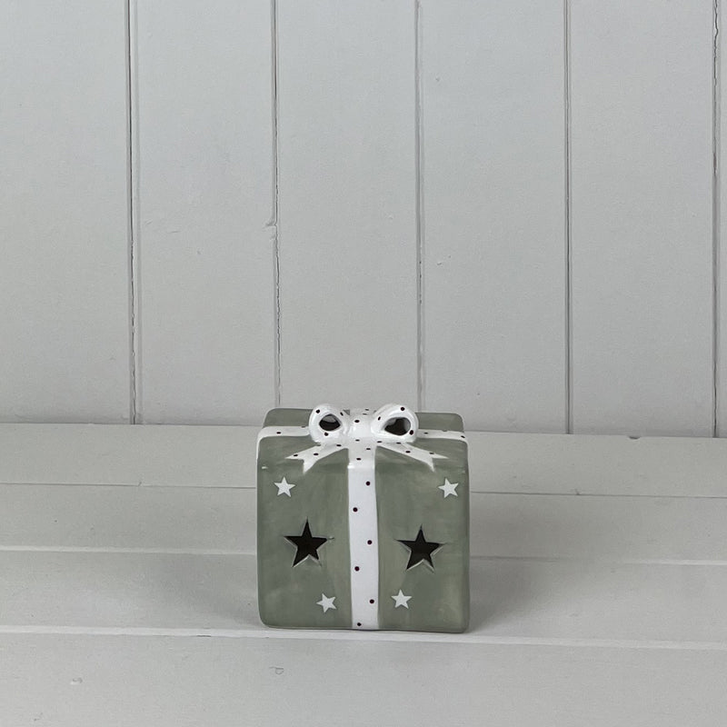 Green and White Bow Ceramic Present with LED