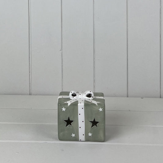 Green and White Bow Ceramic Present with LED