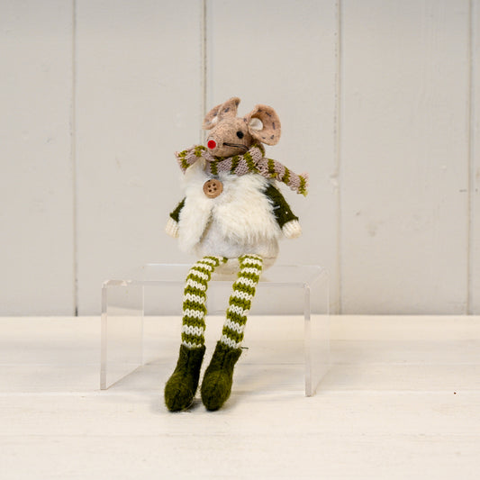 Fabric Green Stripey Mouse with White Furry Gilet