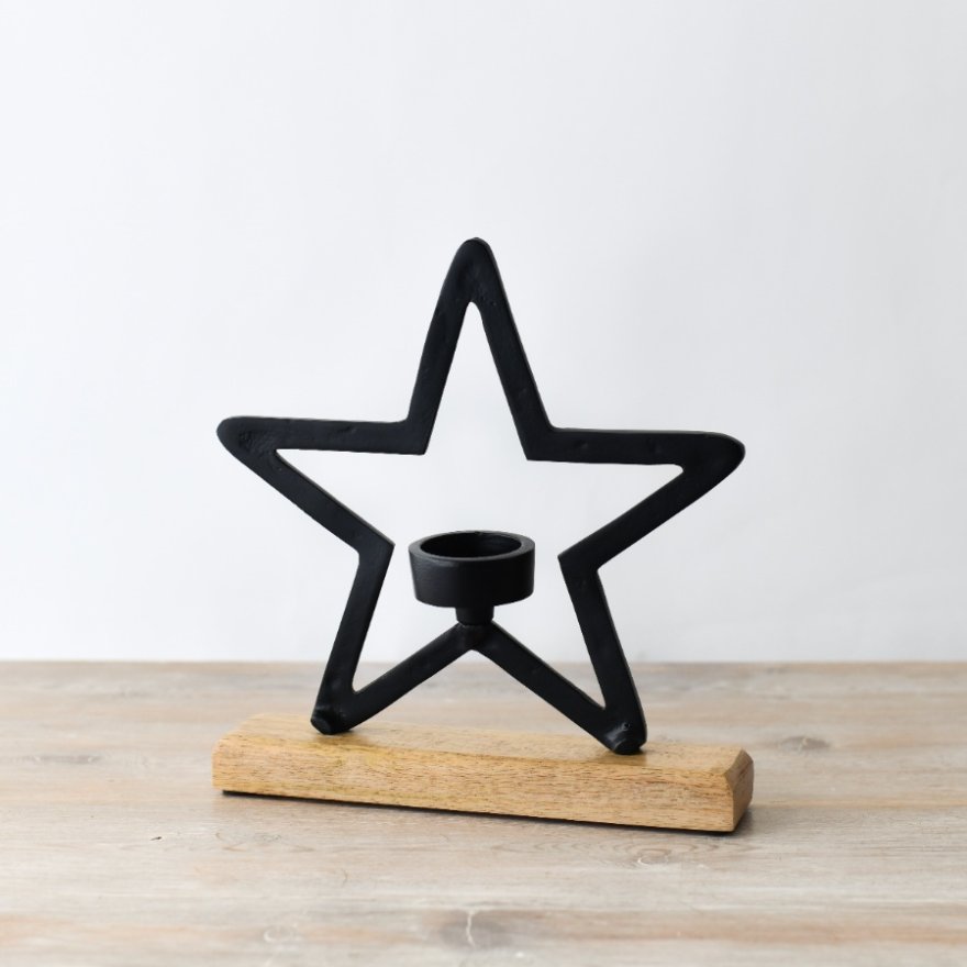 Black Star Tea-Light  Holder Mounted on Wood Base