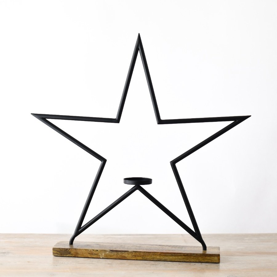 Black Star T-Light Candle Holder on Wooden Base