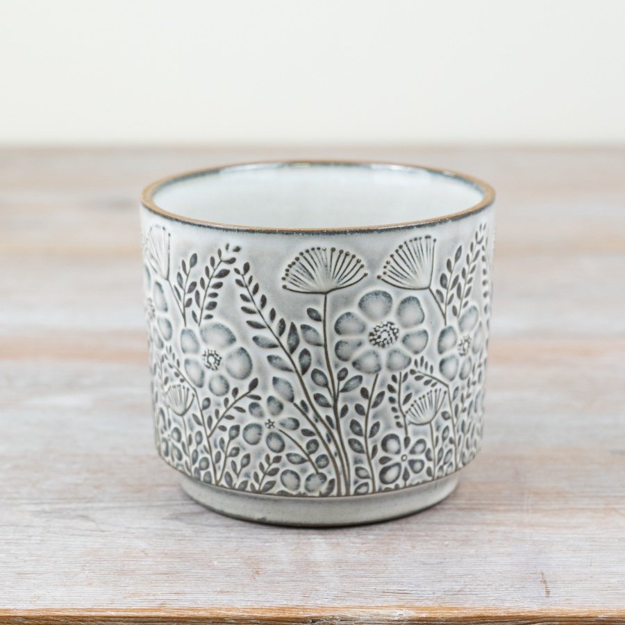 Embossed Ceramic Flower Plant Pot  - 11cm