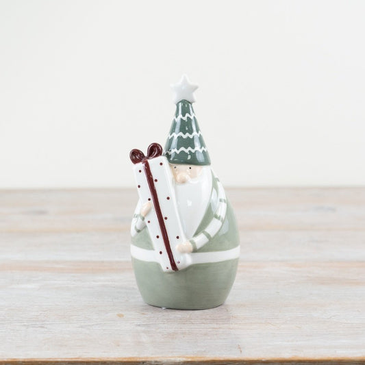 Ceramic Green Santa Holding Present Ornament
