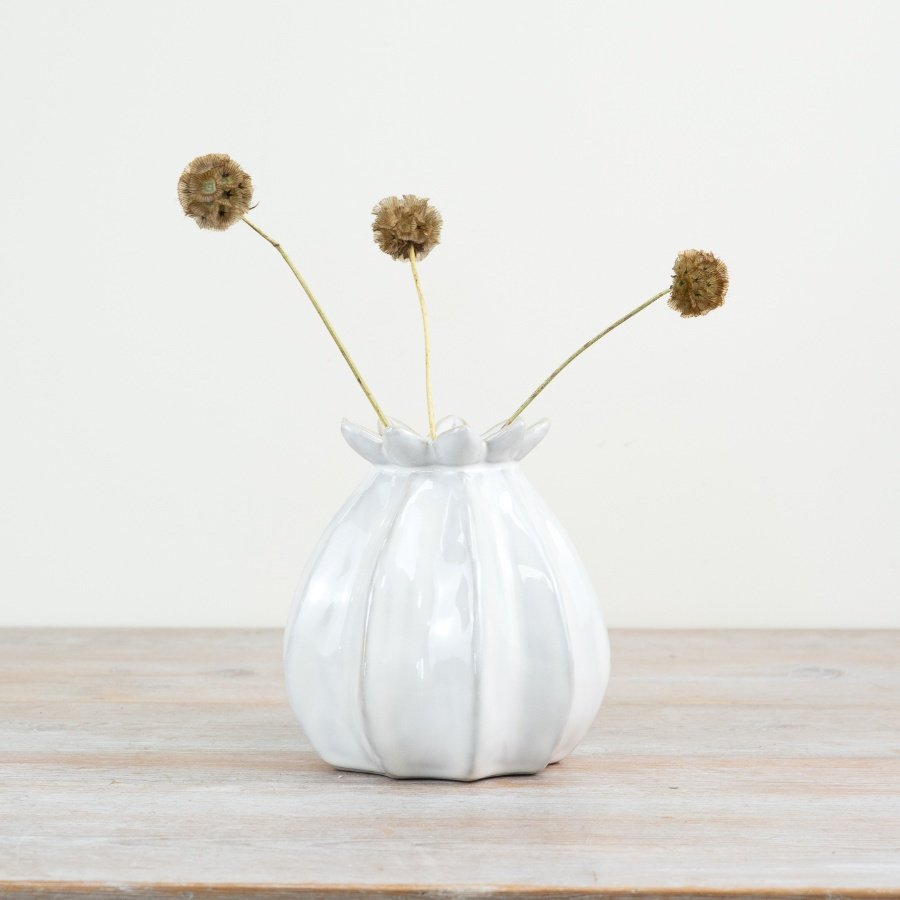 White Ceramic Glazed Poppy Bud Vase - 16 cm