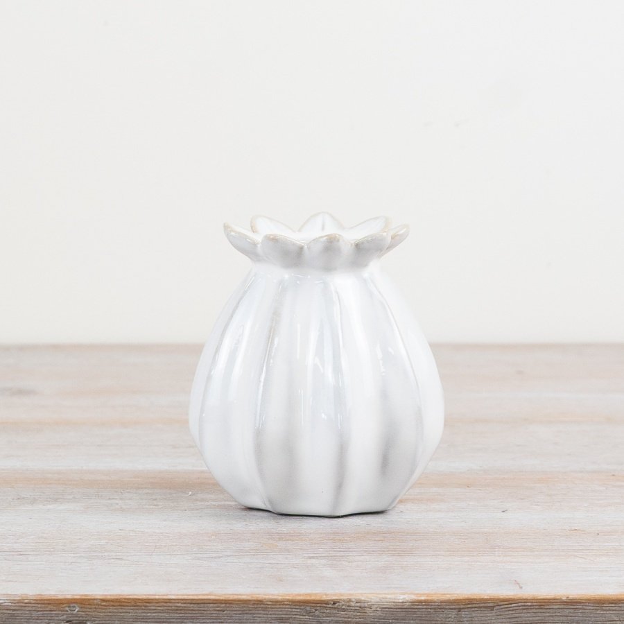 White Ceramic Glazed Poppy Bud Vase - 16 cm
