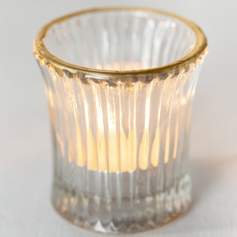 Ribbed Glass Tea-Light with Gold Rim
