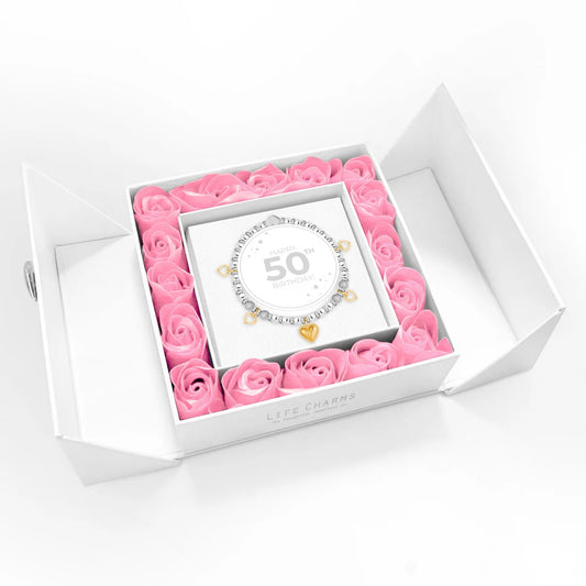 Life Charms - Happy 50th Birthday Hearts Charm Bracelet Flower Box