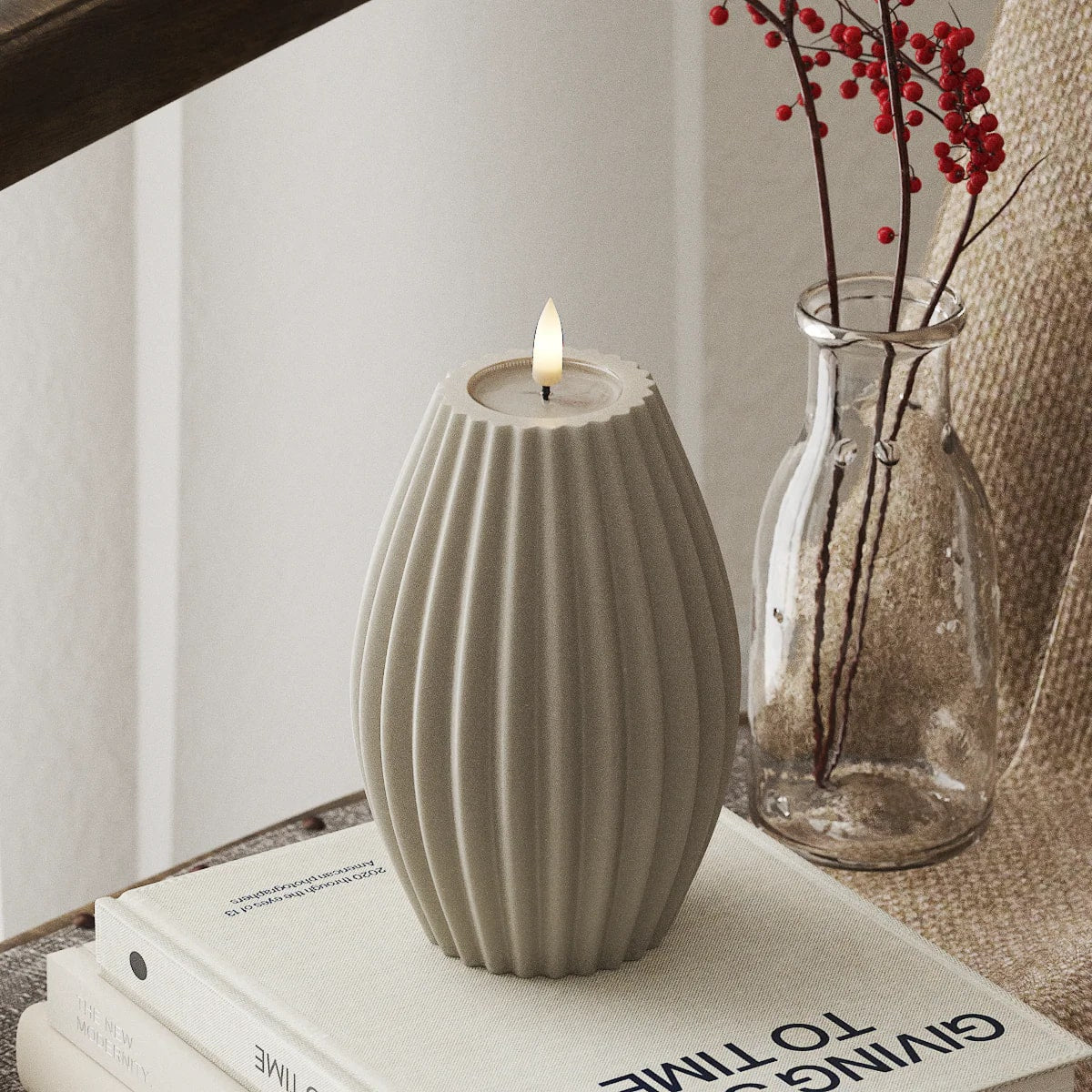 Deluxe Homeart - Real Wax Ribbed LED Flickering Candle - Sand