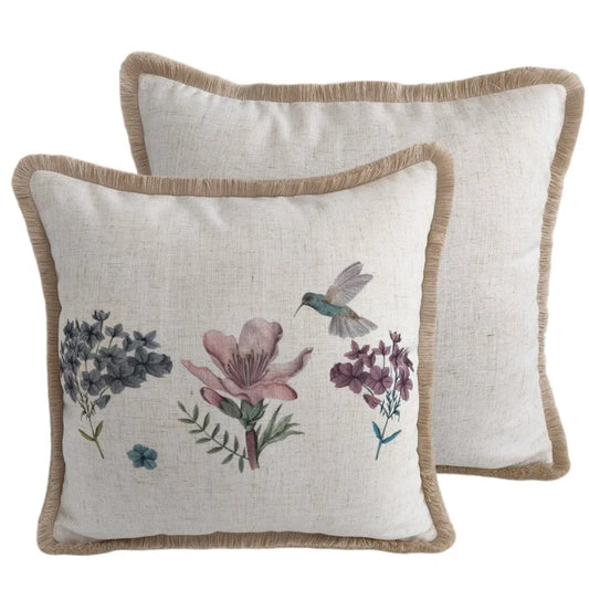 Malini - Mira Floral and Hummingbird With Fringe Cushion
