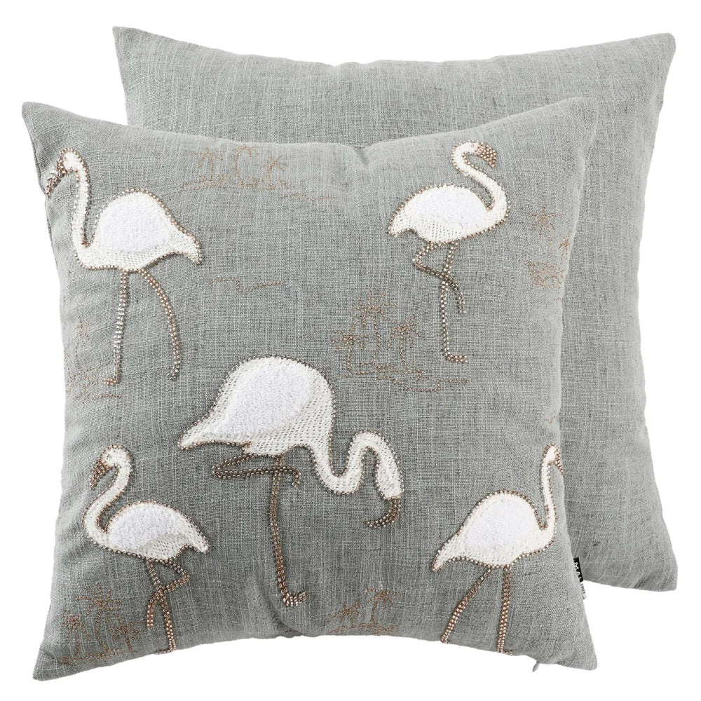 Malini - Embellished Flamingos On Faux Linen Cushion
