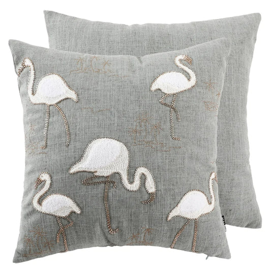 Malini - Embellished Flamingos On Faux Linen Cushion