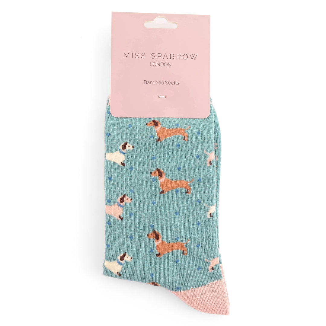 Miss Sparrow - Sausage Dogs & Spots Socks - Duck Egg