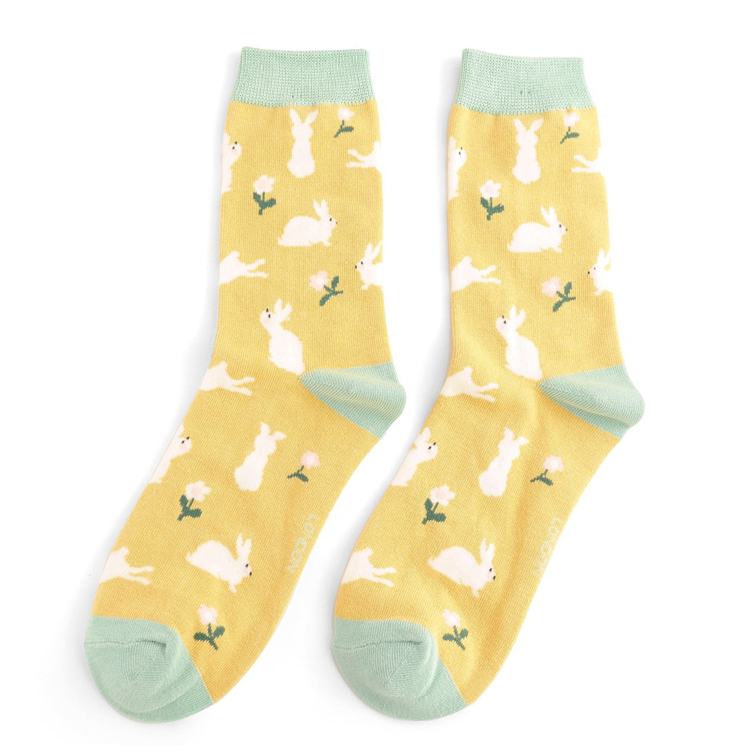 Miss Sparrow - Bunnies & Daisies Socks - Light Yellow