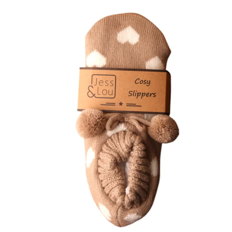 Jess & Lou - Taupe & White Heart Cosy Slippers
