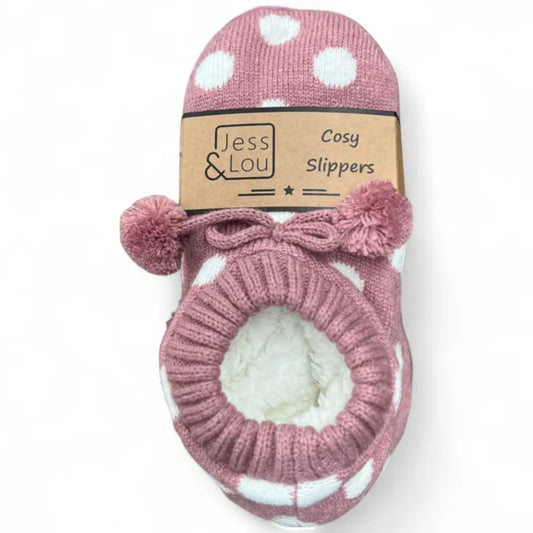 Jess & Lou - Pink & White Spot Cosy Slippers