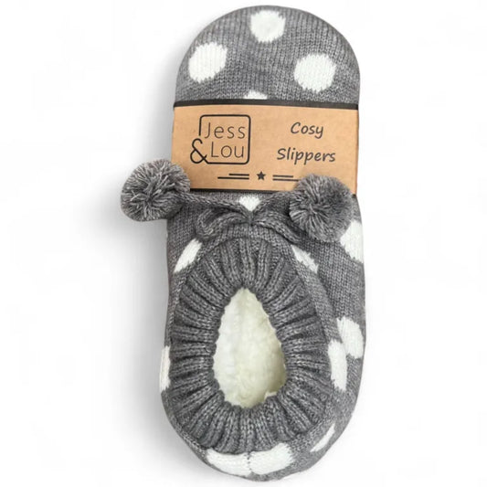 Jess & Lou - Grey & White Spot Cosy Slippers