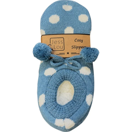 Jess & Lou - Cornflower & White Spot Cosy Slippers